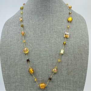 Eclectic Amber Golden Art Glass Bead Station Necklace Floral Grannycore Bohemian